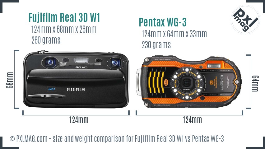 Fujifilm Real 3D W1 vs Pentax WG-3 size comparison