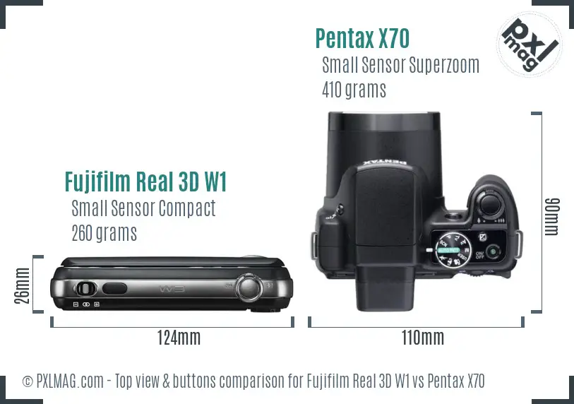 Fujifilm Real 3D W1 vs Pentax X70 top view buttons comparison Fujifilm Real 3D W1 vs Pentax X70 top view buttons comparison