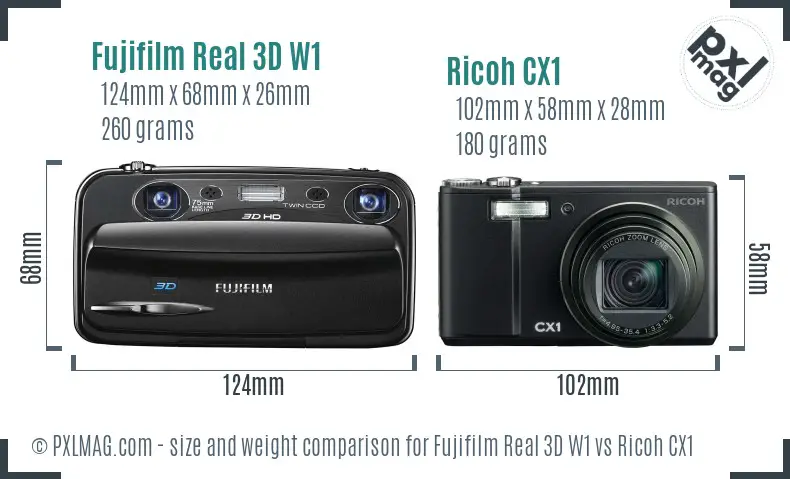 Fujifilm Real 3D W1 vs Ricoh CX1 size comparison