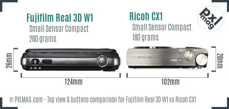 Fujifilm Real 3D W1 vs Ricoh CX1 top view buttons comparison