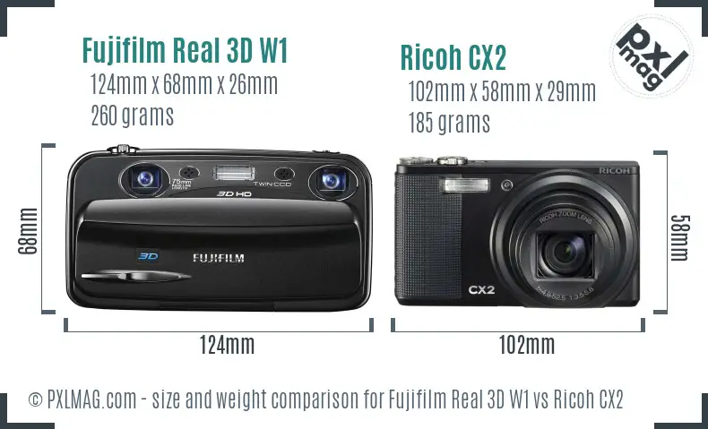 Fujifilm Real 3D W1 vs Ricoh CX2 size comparison