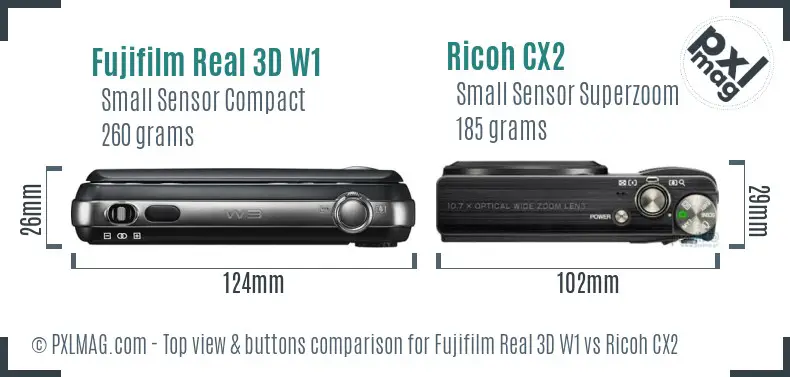 Fujifilm Real 3D W1 vs Ricoh CX2 top view buttons comparison