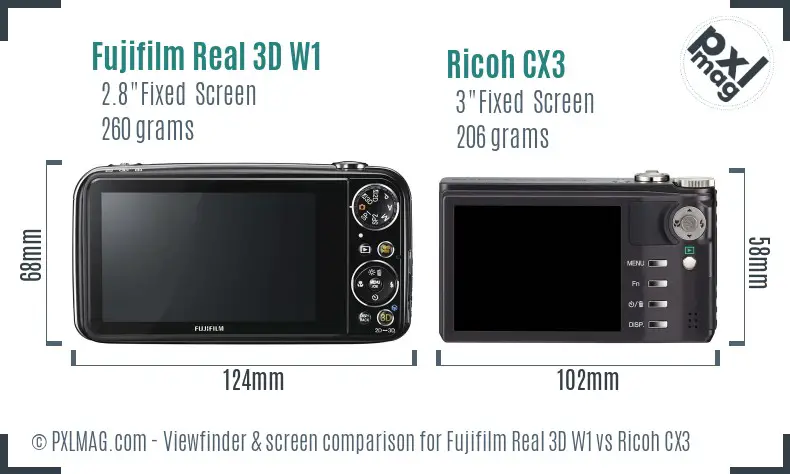 Fujifilm Real 3D W1 vs Ricoh CX3 Screen and Viewfinder comparison