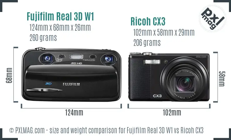 Fujifilm Real 3D W1 vs Ricoh CX3 size comparison