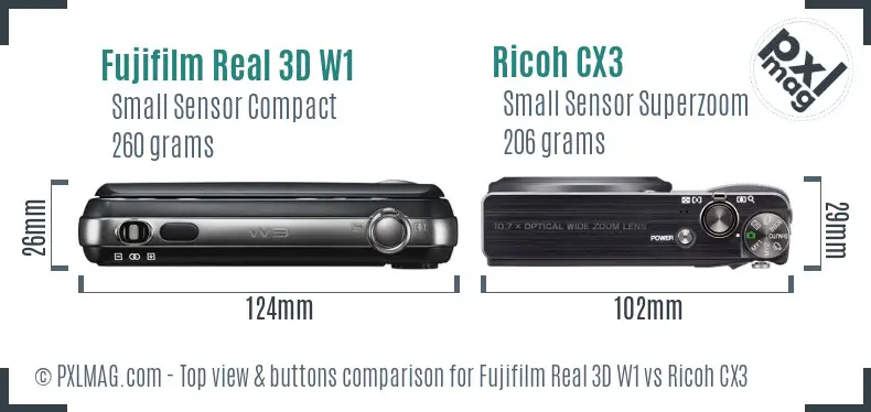 Fujifilm Real 3D W1 vs Ricoh CX3 top view buttons comparison
