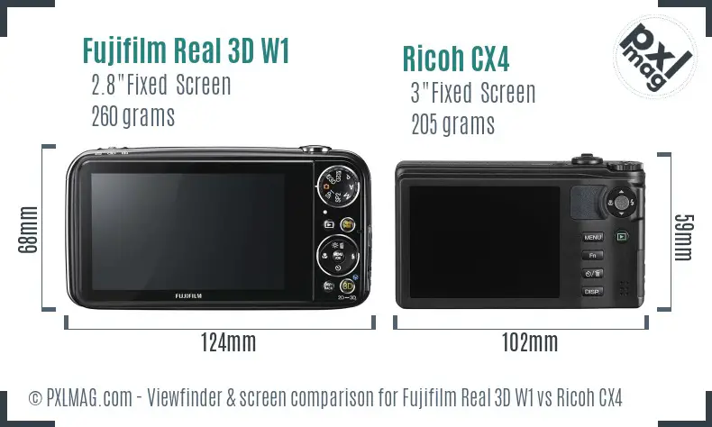 Fujifilm Real 3D W1 vs Ricoh CX4 Screen and Viewfinder comparison