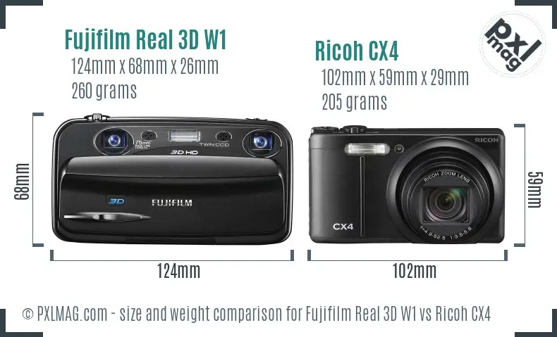 Fujifilm Real 3D W1 vs Ricoh CX4 size comparison