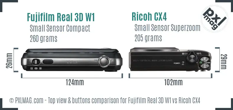 Fujifilm Real 3D W1 vs Ricoh CX4 top view buttons comparison