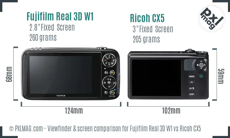Fujifilm Real 3D W1 vs Ricoh CX5 Screen and Viewfinder comparison