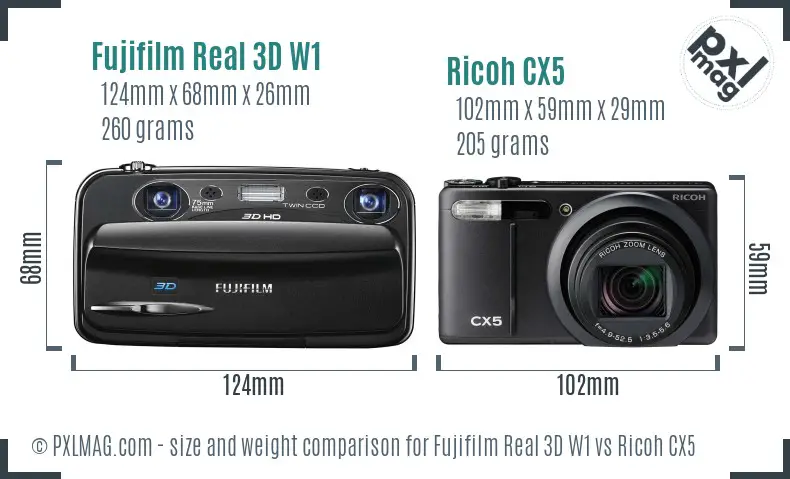 Fujifilm Real 3D W1 vs Ricoh CX5 size comparison