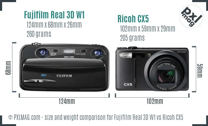 Fujifilm Real 3D W1 vs Ricoh CX5 size comparison Fujifilm Real 3D W1 vs Ricoh CX5 size comparison