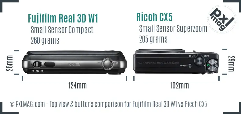 Fujifilm Real 3D W1 vs Ricoh CX5 top view buttons comparison Fujifilm Real 3D W1 vs Ricoh CX5 top view buttons comparison