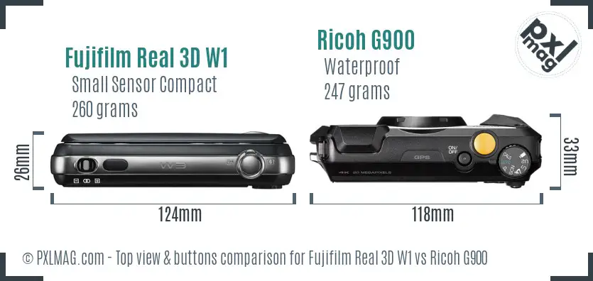 Fujifilm Real 3D W1 vs Ricoh G900 top view buttons comparison