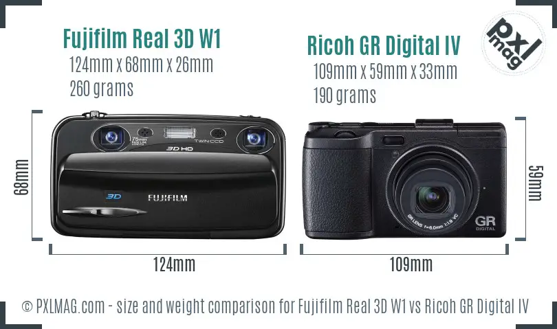 Fujifilm Real 3D W1 vs Ricoh GR Digital IV size comparison