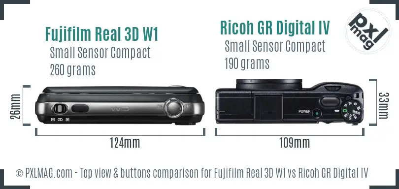 Fujifilm Real 3D W1 vs Ricoh GR Digital IV top view buttons comparison