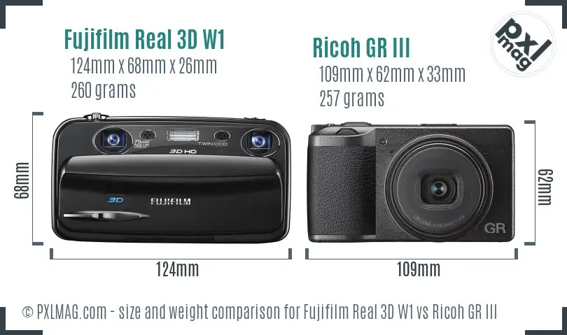 Fujifilm Real 3D W1 vs Ricoh GR III size comparison