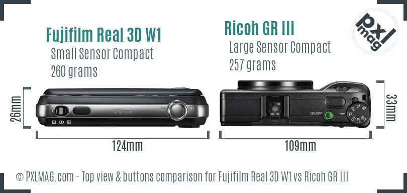 Fujifilm Real 3D W1 vs Ricoh GR III top view buttons comparison