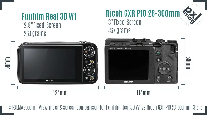 Fujifilm Real 3D W1 vs Ricoh GXR P10 28-300mm F3.5-5.6 VC Screen and Viewfinder comparison