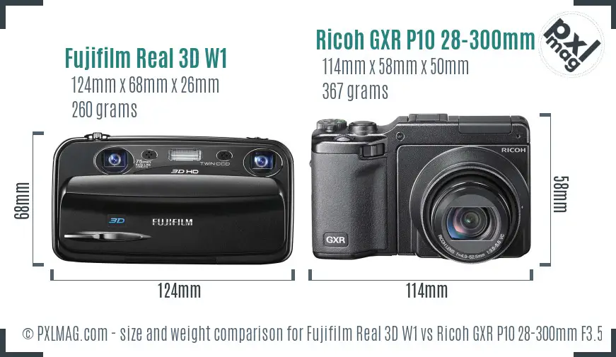 Fujifilm Real 3D W1 vs Ricoh GXR P10 28-300mm F3.5-5.6 VC size comparison