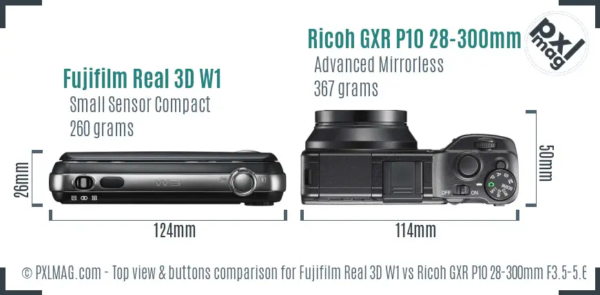 Fujifilm Real 3D W1 vs Ricoh GXR P10 28-300mm F3.5-5.6 VC top view buttons comparison