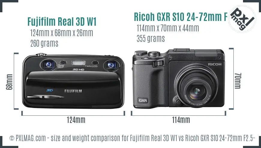 Fujifilm Real 3D W1 vs Ricoh GXR S10 24-72mm F2.5-4.4 VC size comparison