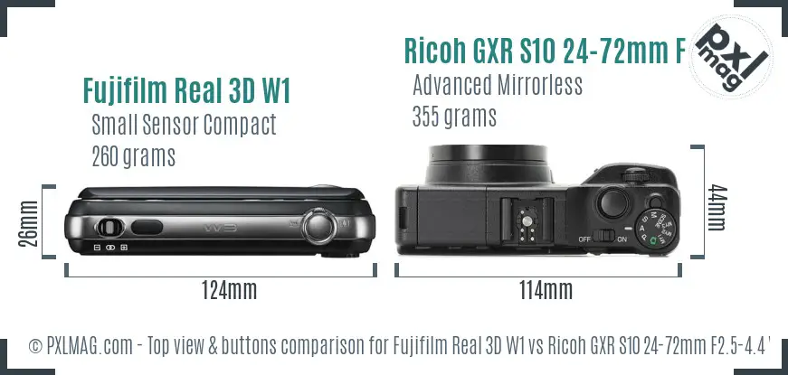 Fujifilm Real 3D W1 vs Ricoh GXR S10 24-72mm F2.5-4.4 VC top view buttons comparison