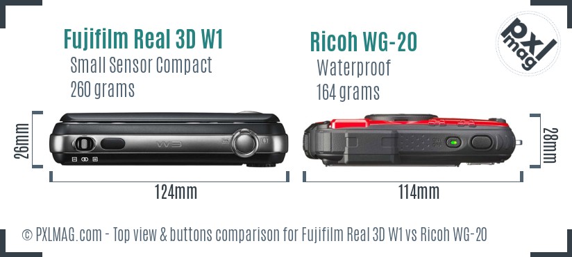 Fujifilm Real 3D W1 vs Ricoh WG-20 top view buttons comparison