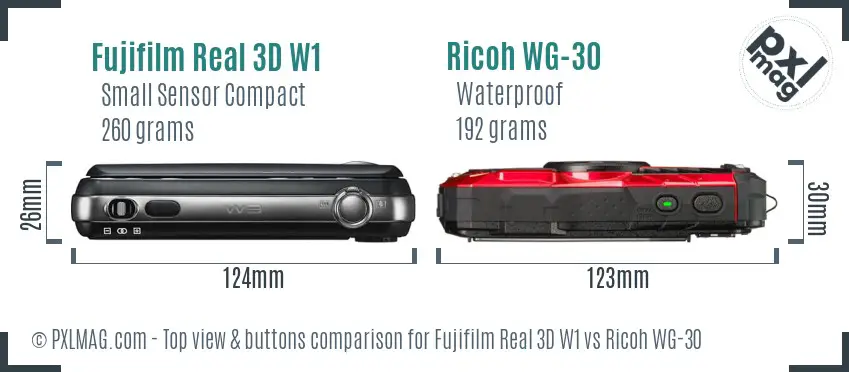 Fujifilm Real 3D W1 vs Ricoh WG-30 top view buttons comparison Fujifilm Real 3D W1 vs Ricoh WG-30 top view buttons comparison