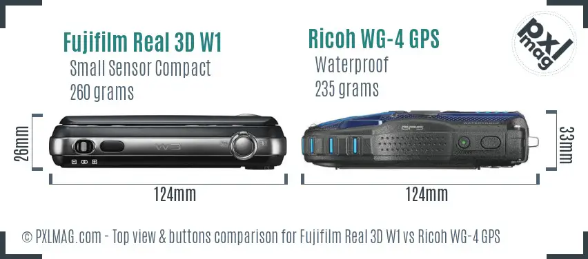 Fujifilm Real 3D W1 vs Ricoh WG-4 GPS top view buttons comparison