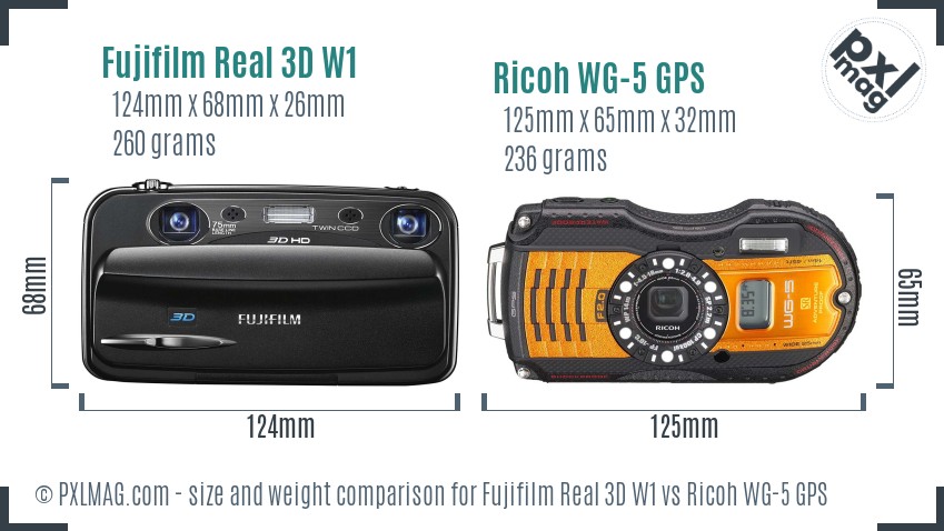 Fujifilm Real 3D W1 vs Ricoh WG-5 GPS size comparison