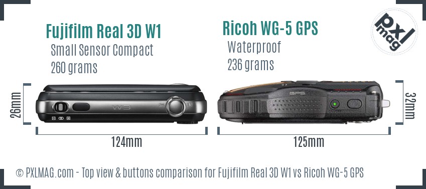 Fujifilm Real 3D W1 vs Ricoh WG-5 GPS top view buttons comparison
