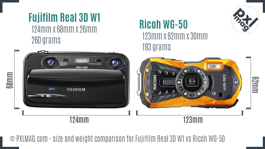 Fujifilm Real 3D W1 vs Ricoh WG-50 size comparison