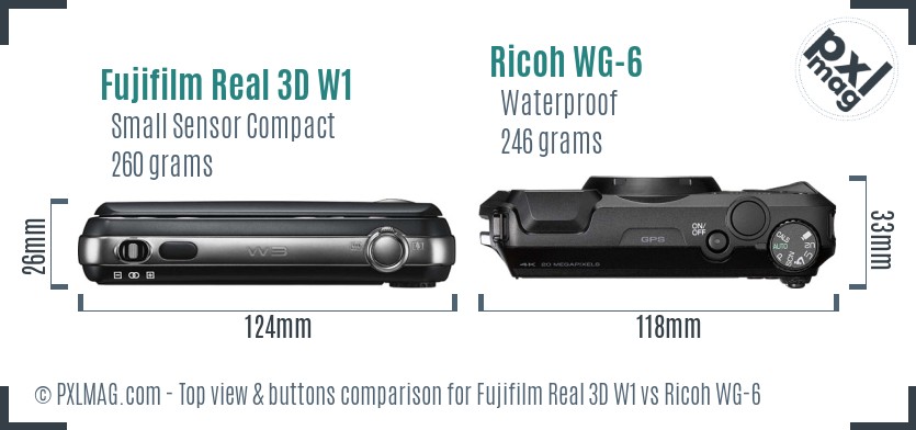 Fujifilm Real 3D W1 vs Ricoh WG-6 top view buttons comparison