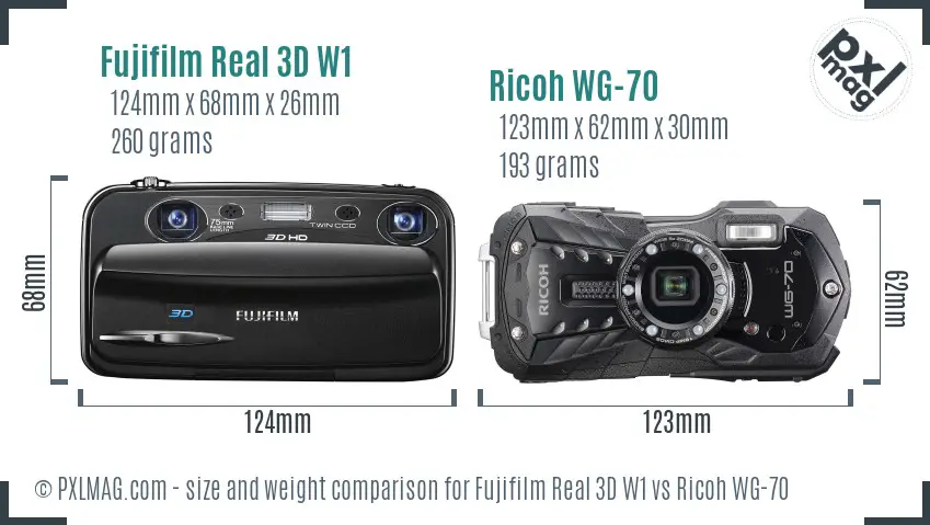 Fujifilm Real 3D W1 vs Ricoh WG-70 size comparison