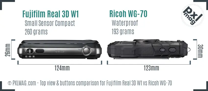 Fujifilm Real 3D W1 vs Ricoh WG-70 top view buttons comparison