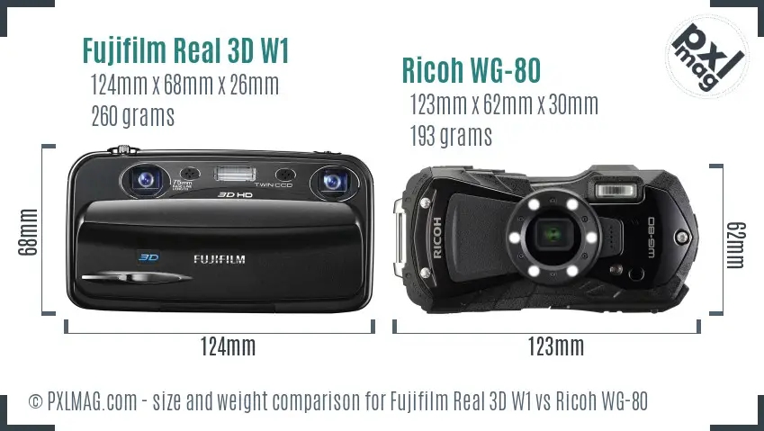 Fujifilm Real 3D W1 vs Ricoh WG-80 size comparison