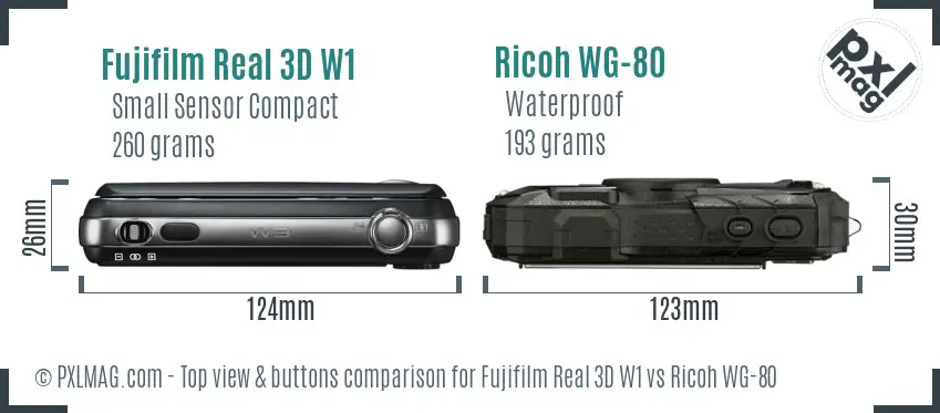 Fujifilm Real 3D W1 vs Ricoh WG-80 top view buttons comparison