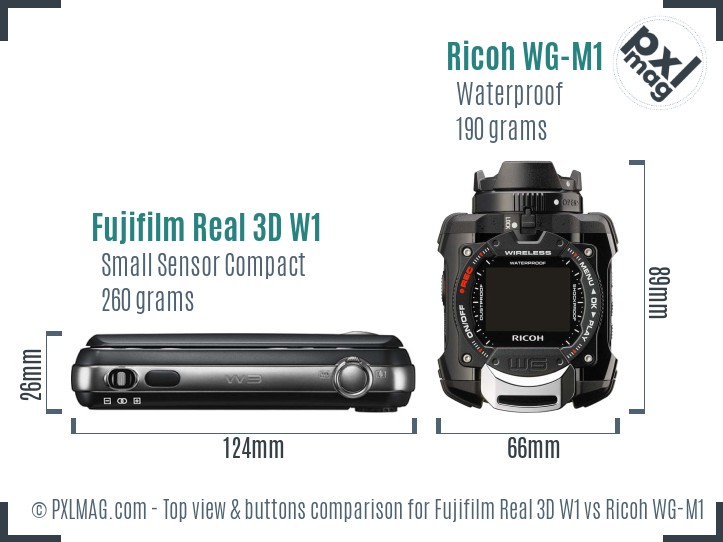 Fujifilm Real 3D W1 vs Ricoh WG-M1 top view buttons comparison