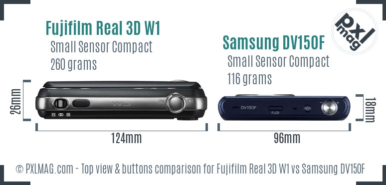 Fujifilm Real 3D W1 vs Samsung DV150F top view buttons comparison