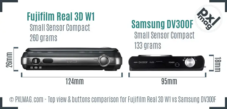 Fujifilm Real 3D W1 vs Samsung DV300F top view buttons comparison