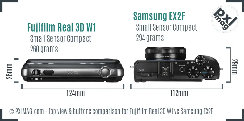 Fujifilm Real 3D W1 vs Samsung EX2F top view buttons comparison