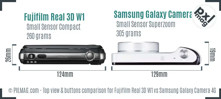 Fujifilm Real 3D W1 vs Samsung Galaxy Camera 4G top view buttons comparison
