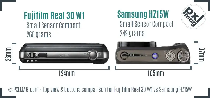 Fujifilm Real 3D W1 vs Samsung HZ15W top view buttons comparison Fujifilm Real 3D W1 vs Samsung HZ15W top view buttons comparison
