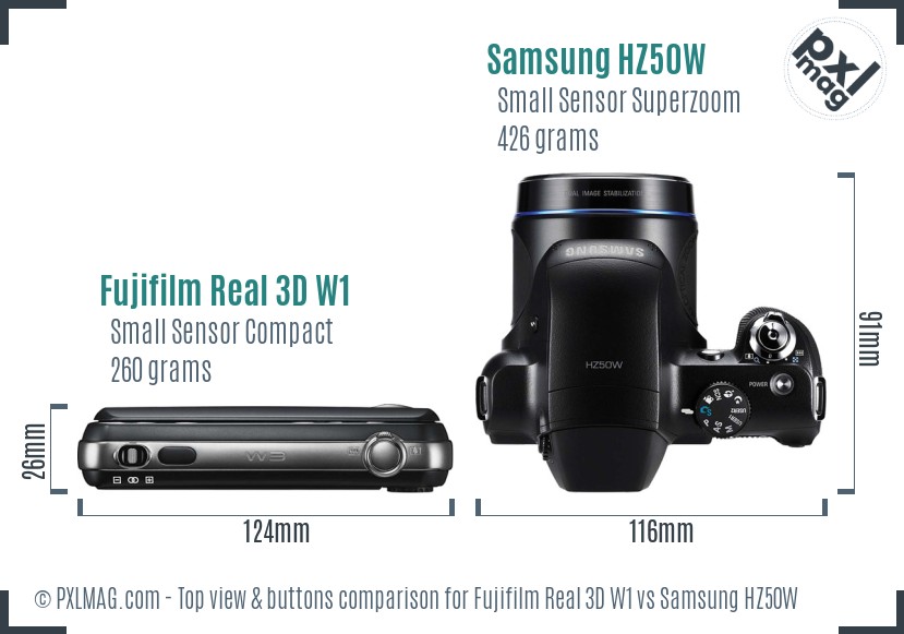 Fujifilm Real 3D W1 vs Samsung HZ50W top view buttons comparison
