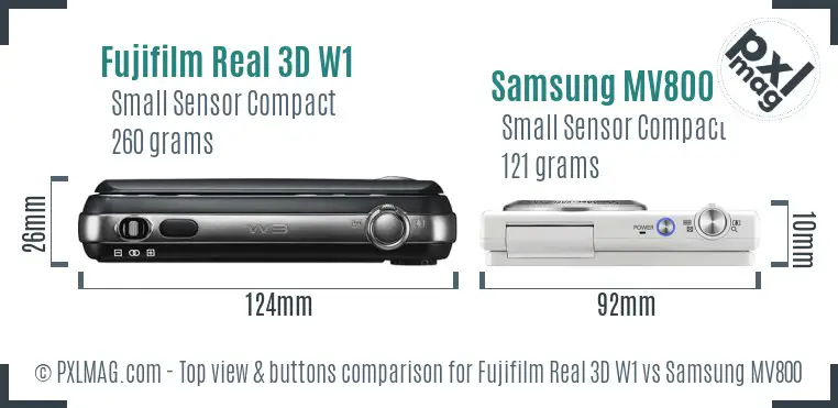 Fujifilm Real 3D W1 vs Samsung MV800 top view buttons comparison Fujifilm Real 3D W1 vs Samsung MV800 top view buttons comparison