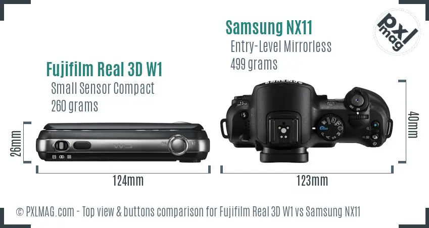 Fujifilm Real 3D W1 vs Samsung NX11 top view buttons comparison Fujifilm Real 3D W1 vs Samsung NX11 top view buttons comparison