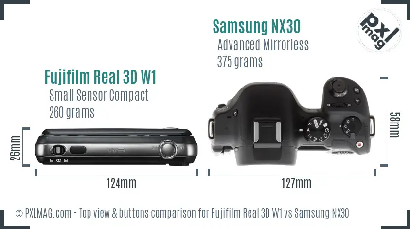 Fujifilm Real 3D W1 vs Samsung NX30 top view buttons comparison