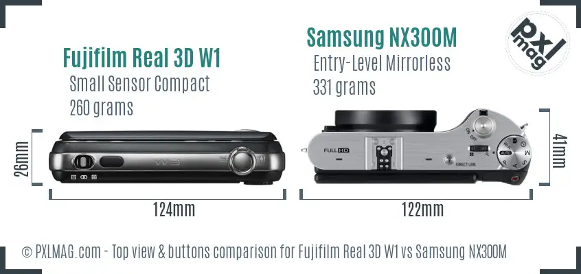 Fujifilm Real 3D W1 vs Samsung NX300M top view buttons comparison