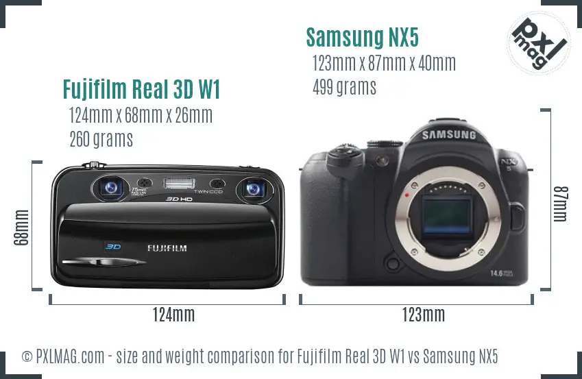 Fujifilm Real 3D W1 vs Samsung NX5 size comparison