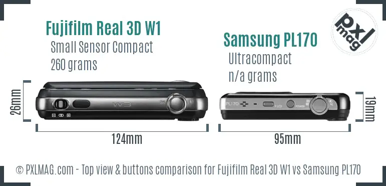 Fujifilm Real 3D W1 vs Samsung PL170 top view buttons comparison